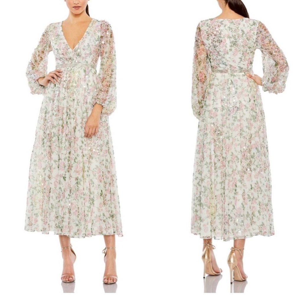 NWT Mac Duggal White Embellished Floral Print Faux Wrap A Line Dress Sequin 4